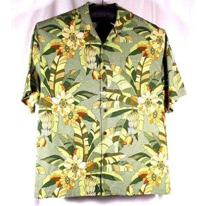 Montego Resort Size L Hawaiian Aloha Loud Shirt Green Yellow Retro 70's Print